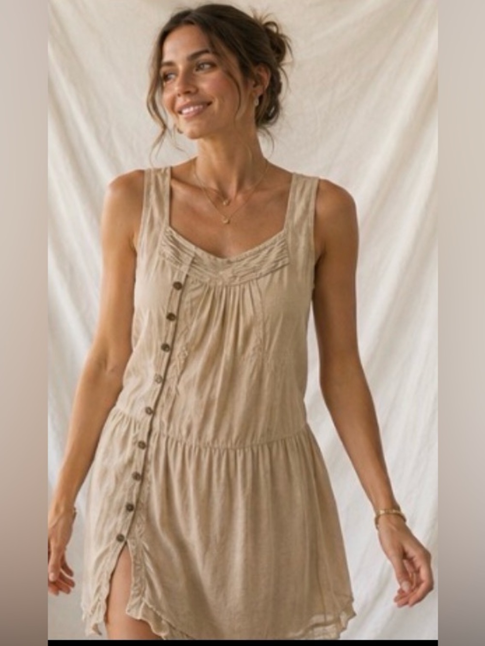GENERRA Neutral Beige Sleeveless Midi Dress with Button Front